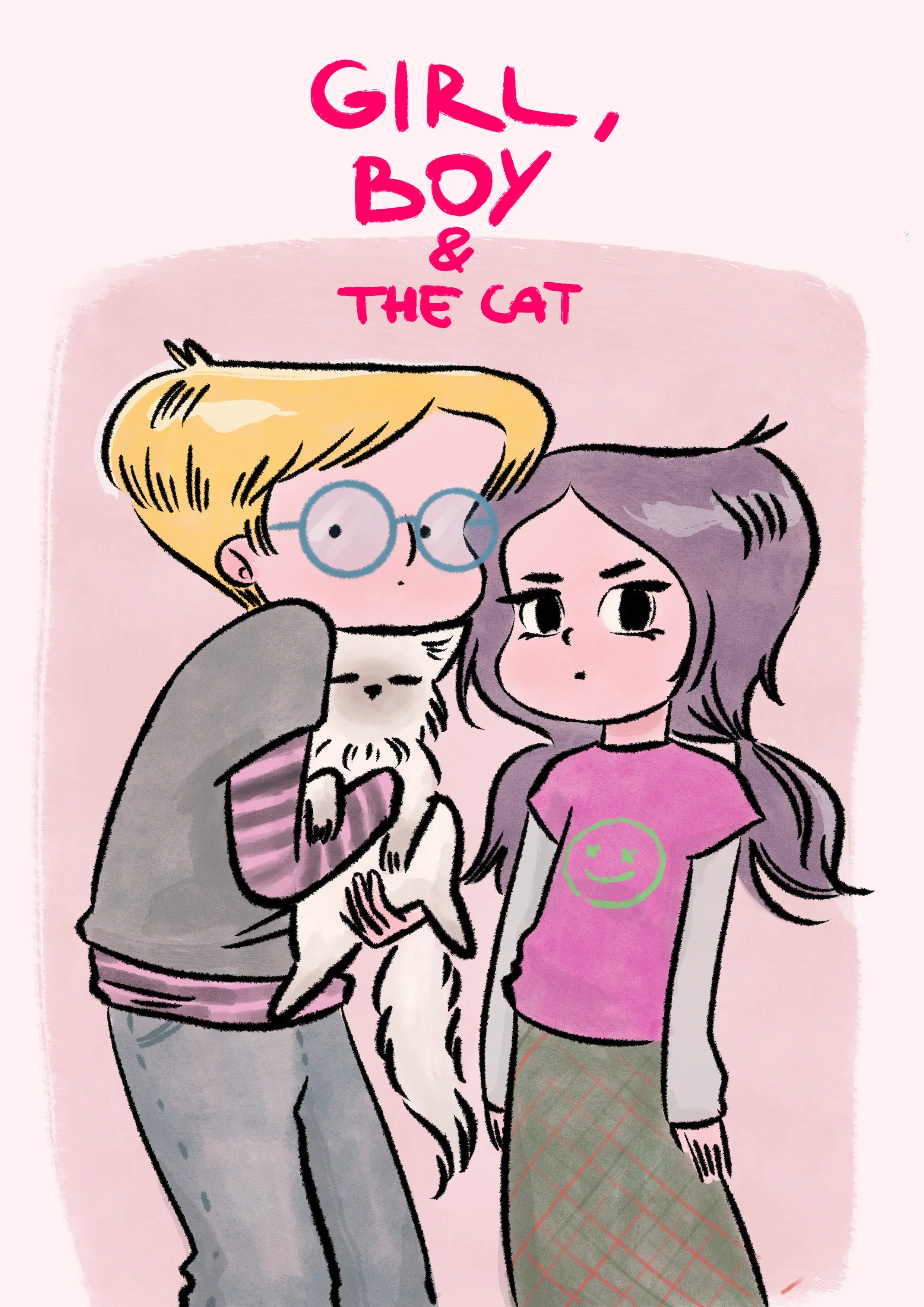 Digital illustration featuring a girl, boy and cat in a cozy scene showcasing family relationships and companionship