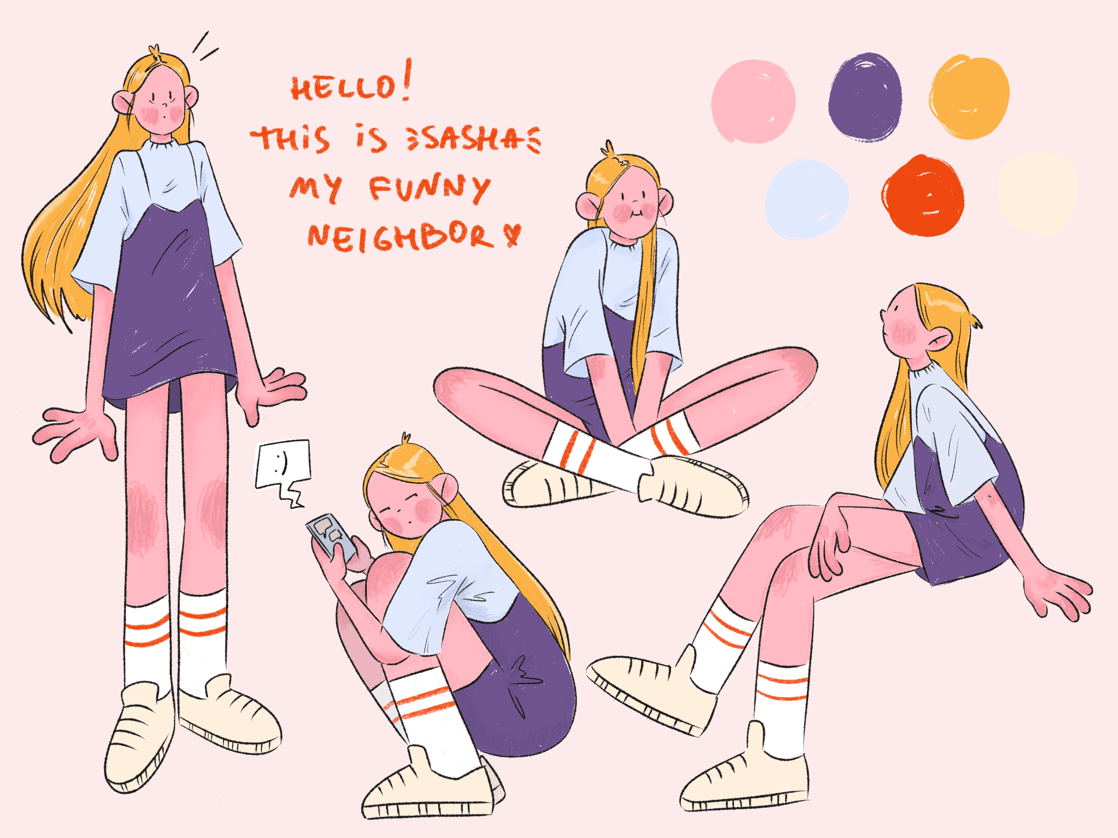 Digital illustration of Sasha character design showing a young girl with unique personality traits